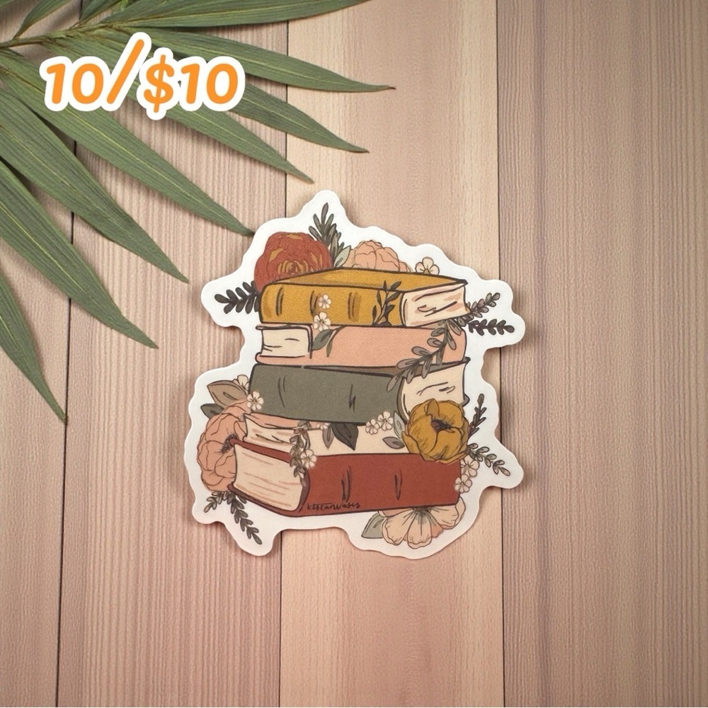 Vintage Style Book Stack Floral Sticker – Glossy Finish – Approx. 2¼”
